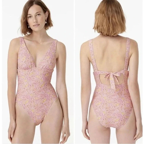 J. Crew Eco Plunge V Neck One Piece Swimsuit In Beach Paisley Size 16 D0612 - Picture 1 of 14